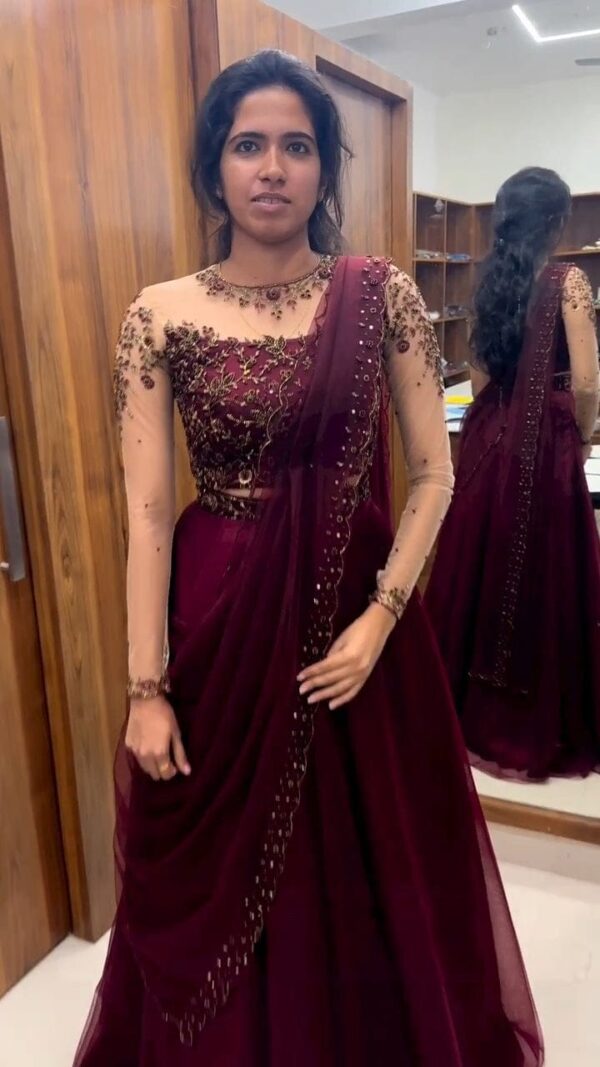 Soft Net with Satin and Heavy Maggam Work Maroon Lehenga By makedeals